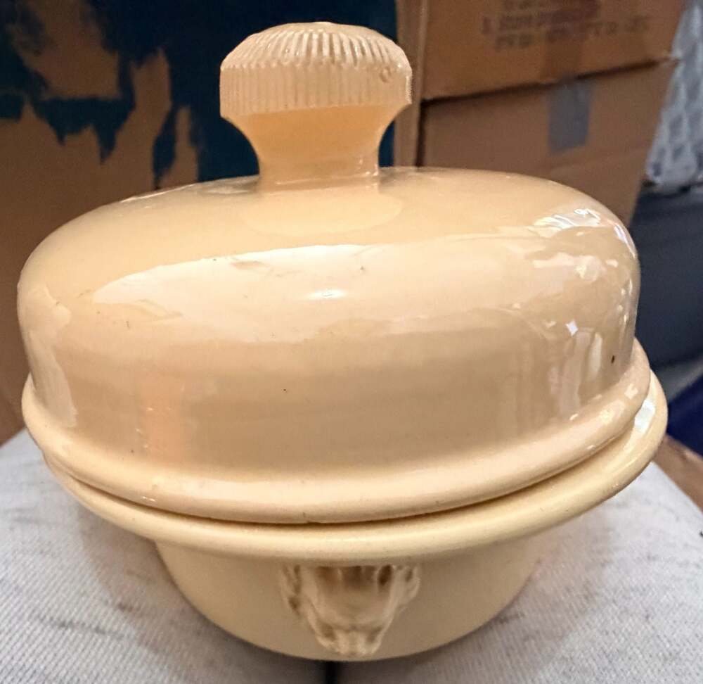 Vintage French Yellow Ceramic Foie Gras Terrine Pot with Lion Head Details Le Ca
